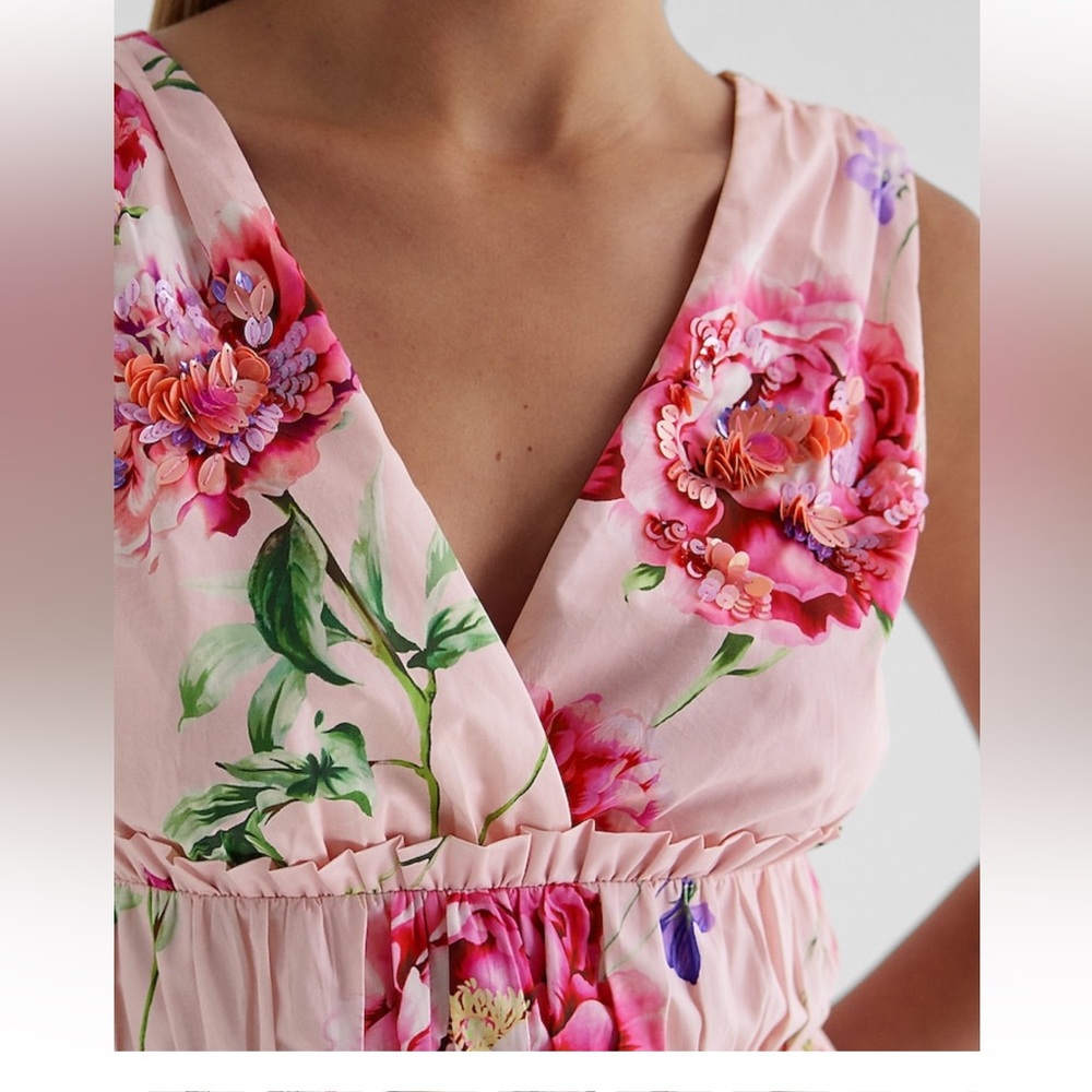 Express Floral V-Neck Embellished Pleated Ruffle Romper - Picture 10 of 10